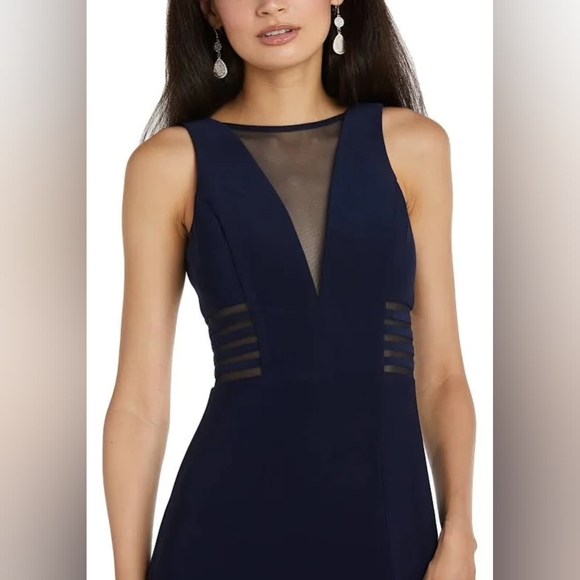 Navy Morgan & Co. Womens Solid With Mesh A-Line Dress Junior Size 16 W - Picture 2 of 10